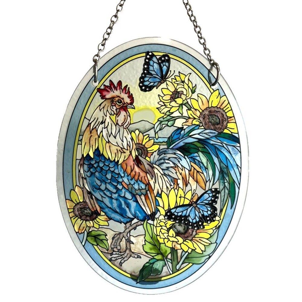 Beautiful Amia Hand Painted Sun Catcher Stained Glass Rooster Butterflies
